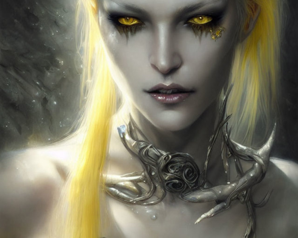 Fantasy illustration: Pale woman with yellow eyes, long hair, silver adornments