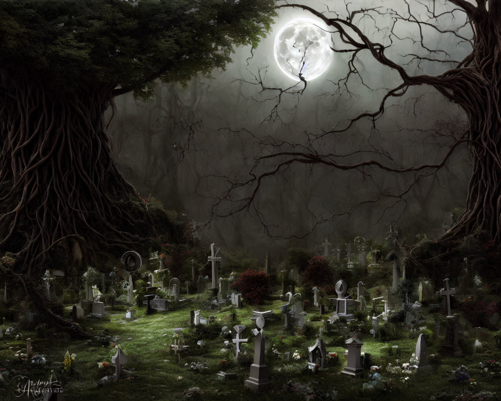 Moonlit graveyard with weathered tombstones, statues, and twisted trees creating a haunting atmosphere.