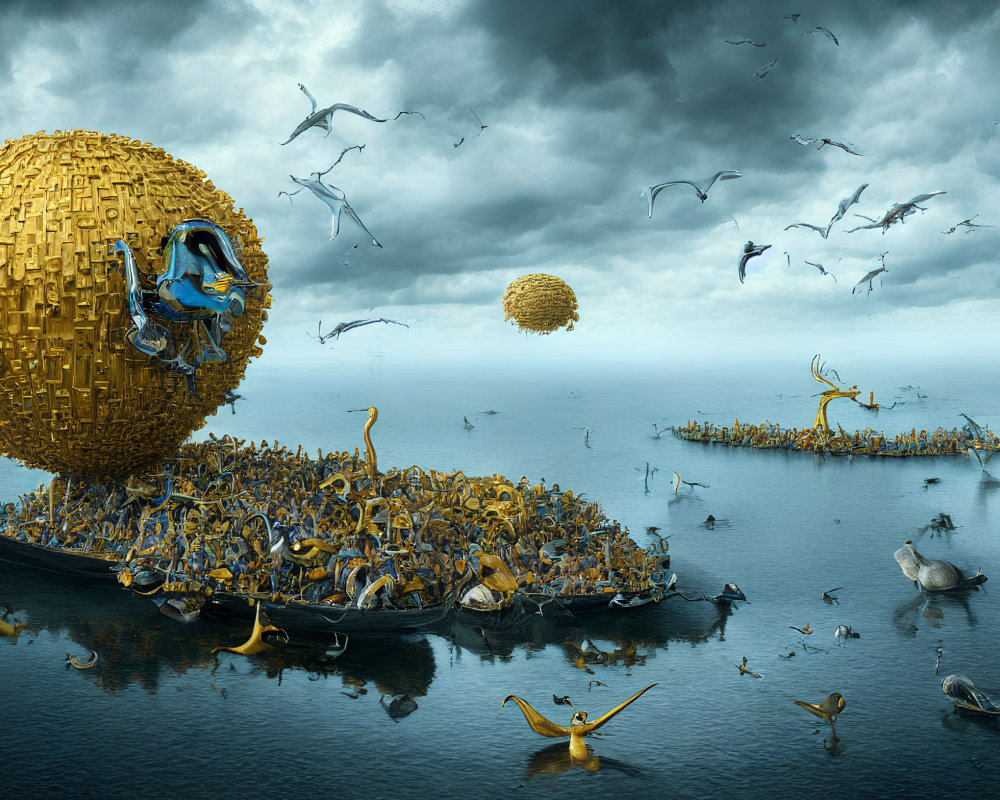 Surreal landscape with birds, gondola, golden mechanical islands under stormy sky