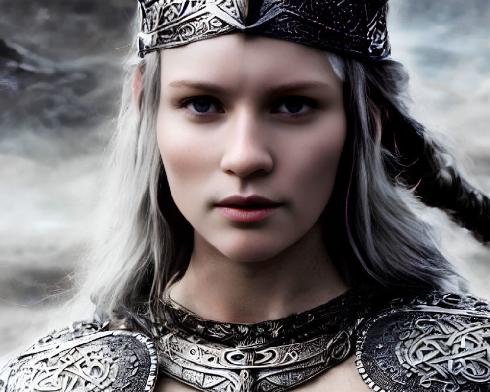 Serious woman in ornate armor against stormy mountain backdrop