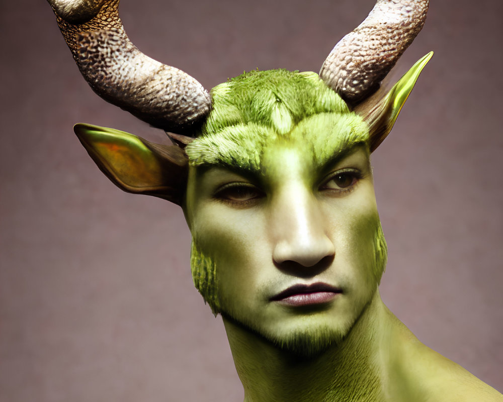 Artistic makeup featuring antlers, green skin, and pointed ears on pink background