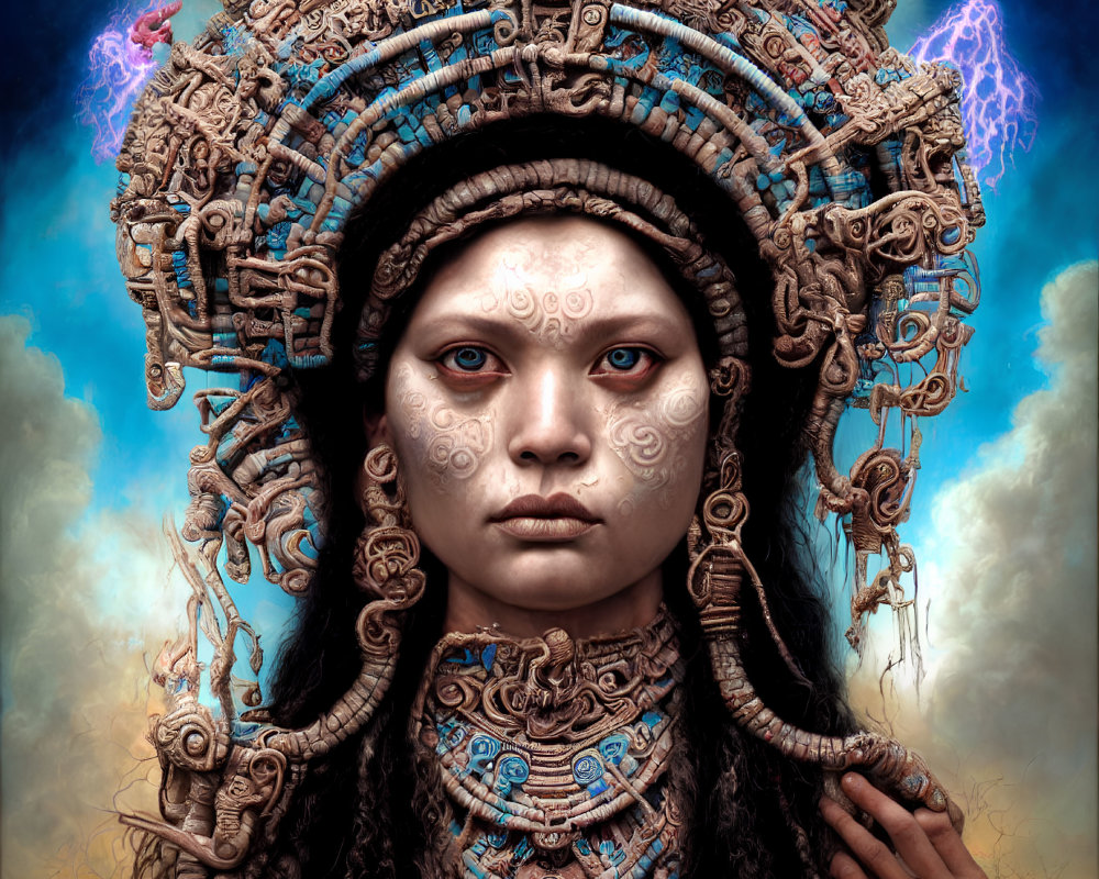 Intricate tribal headgear portrait against cloudy sky