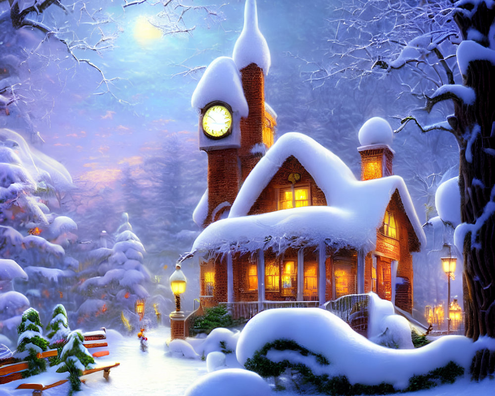 Snow-covered cottage and clock tower in serene winter landscape