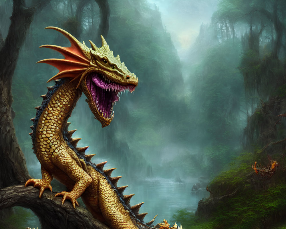 Golden dragon perched on tree in misty forest with river and smaller dragons.