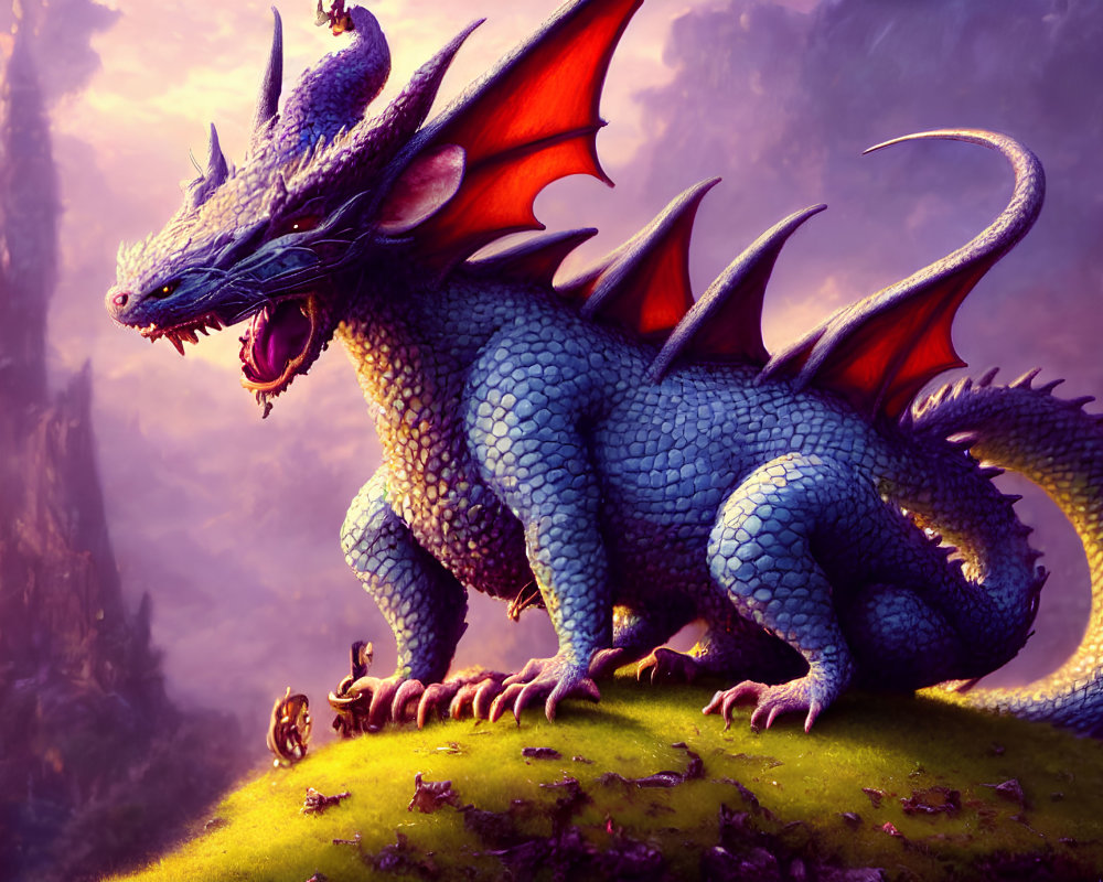 Blue-scaled Dragon with Red Wings on Hill in Mystical Forest