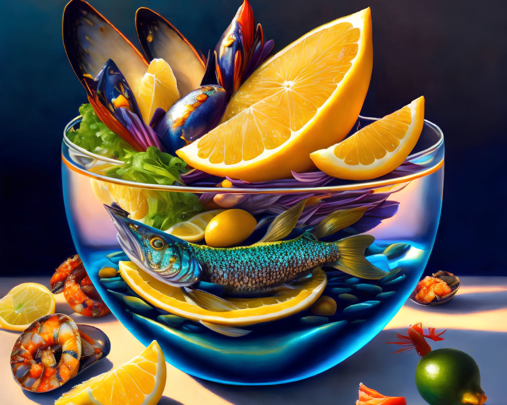 Colorful seafood still life with lemons, olives, shrimp, and spices