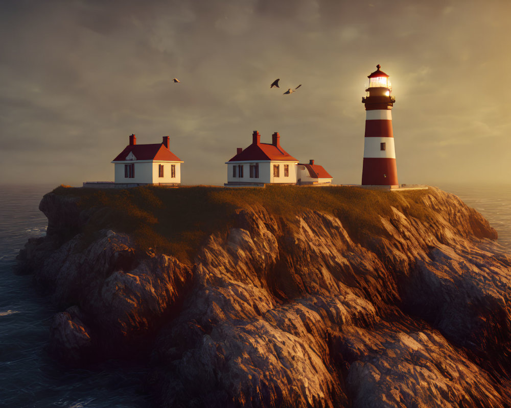 Lighthouse on rugged cliff at dusk with two houses and birds in golden sky