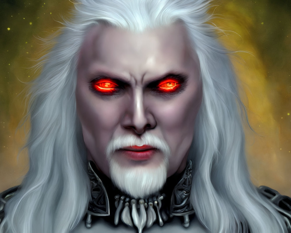 Fantasy character portrait with red eyes, white hair, and pale skin on golden background