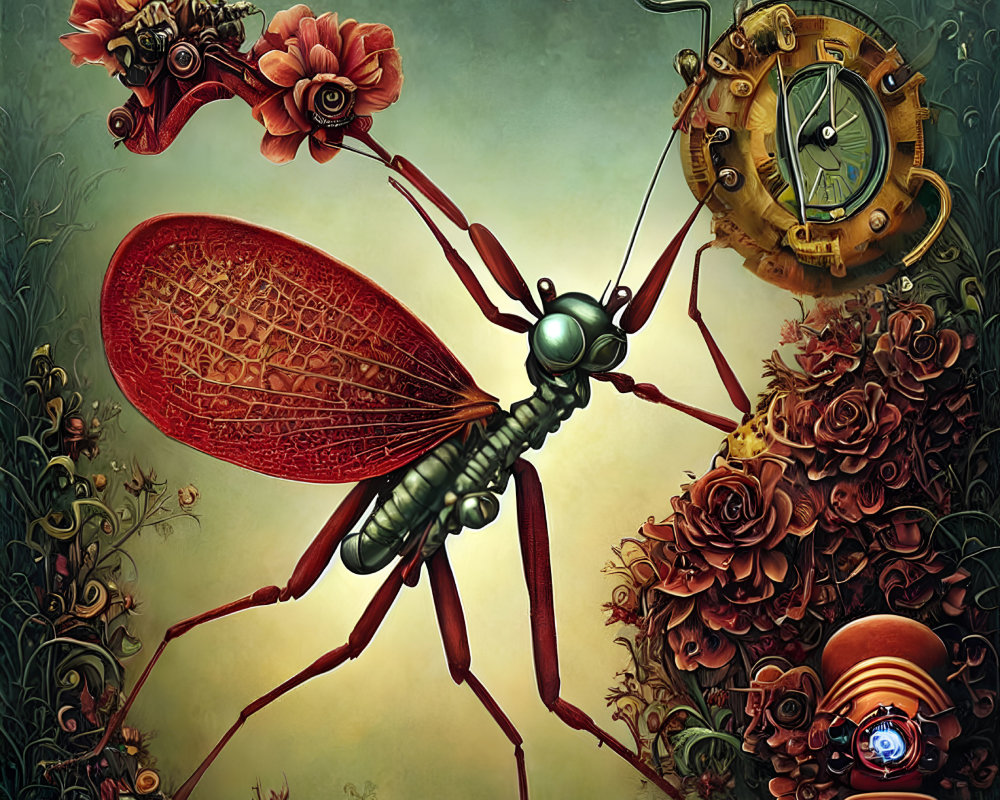 Steampunk-style illustration featuring mechanical ant, gears, flowers, and robotic snail.