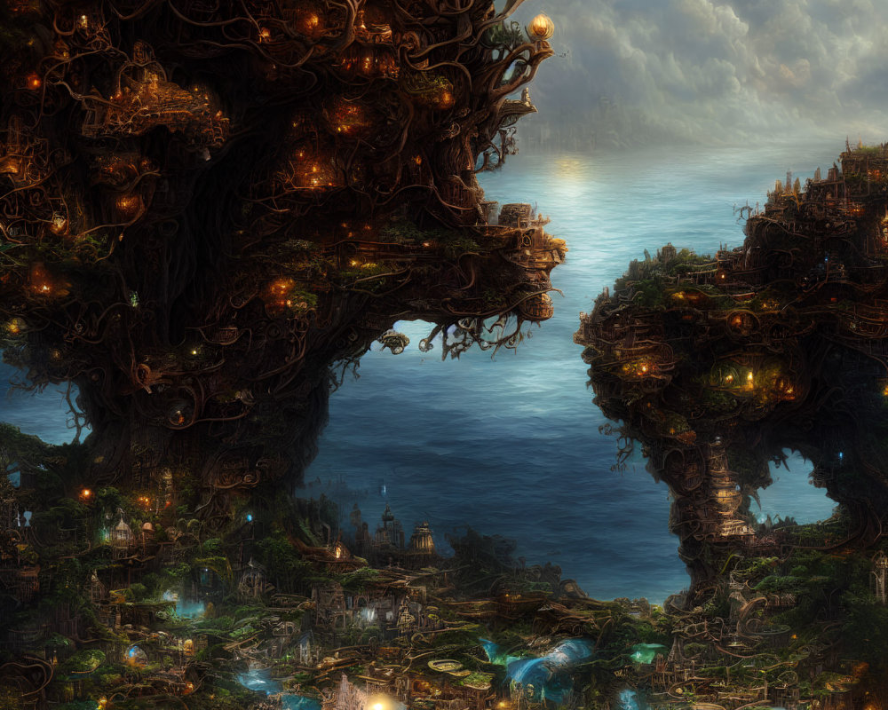 Majestic fantasy landscape with colossal trees, glowing cities, and flying creatures