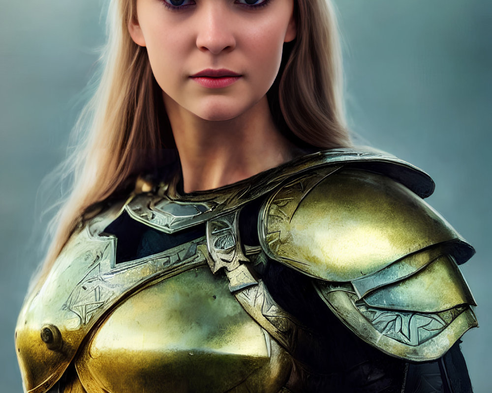 Detailed Golden Armor Woman in Stern Expression against Blurred Background