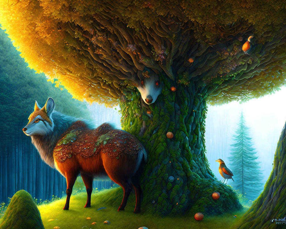 Colorful digital artwork of mystic forest with fantastical foxes and glowing fruit