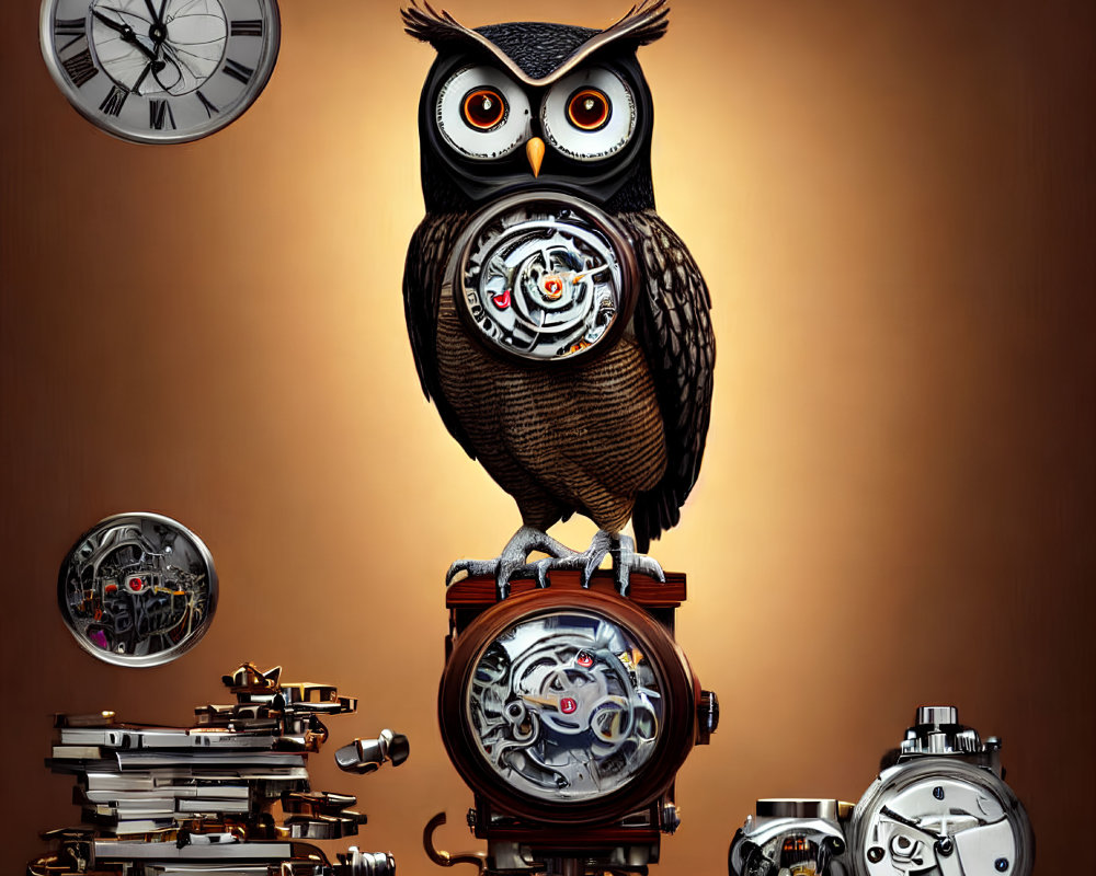 Owl sculpture with watch parts on gear, surrounded by clocks and books