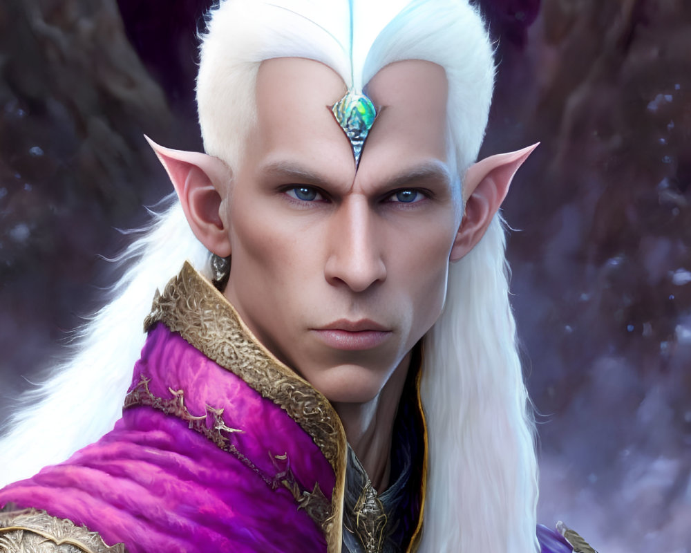 Elven character with white hair, green gem tiara, and purple royal attire