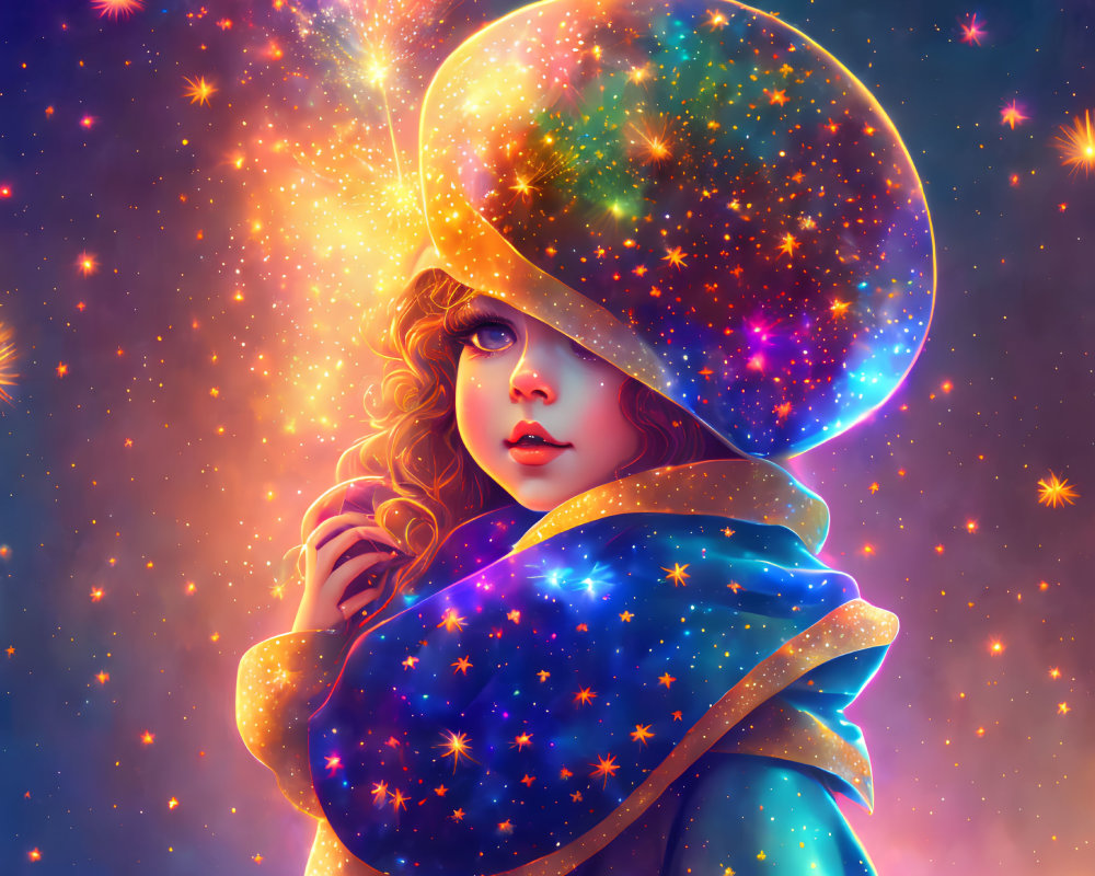 Cosmic-themed outfit girl with galaxy-filled helmet surrounded by stars and nebulae