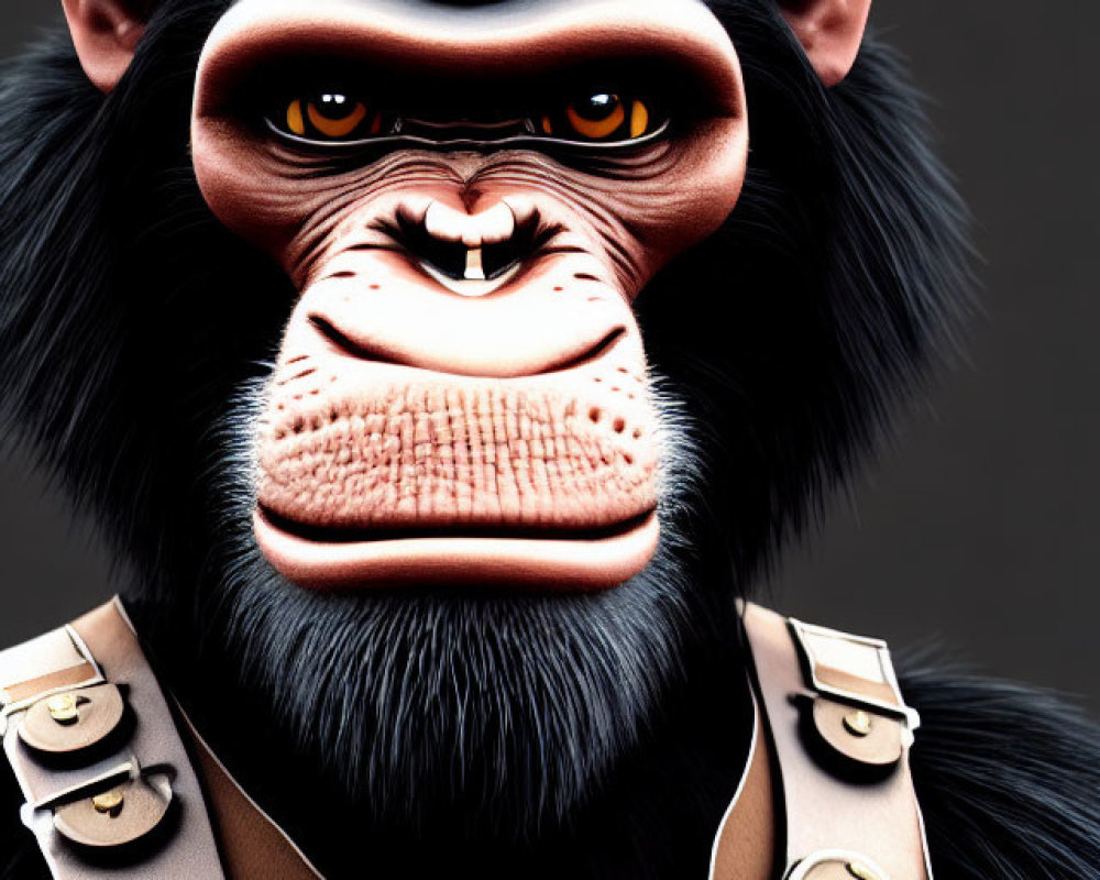 Detailed Digital Illustration of Chimpanzee with Human-Like Eyes in Monocle & Leather Harness