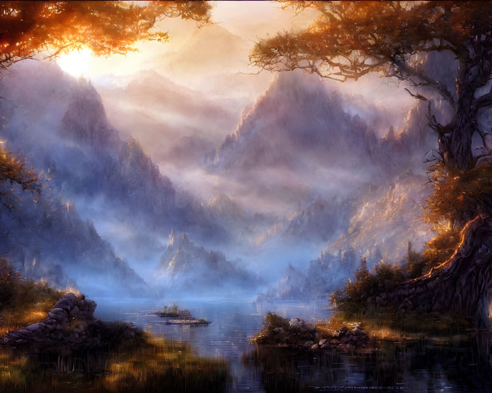 Serene fantasy landscape with glowing sunset, mountains, reflective water, ancient trees