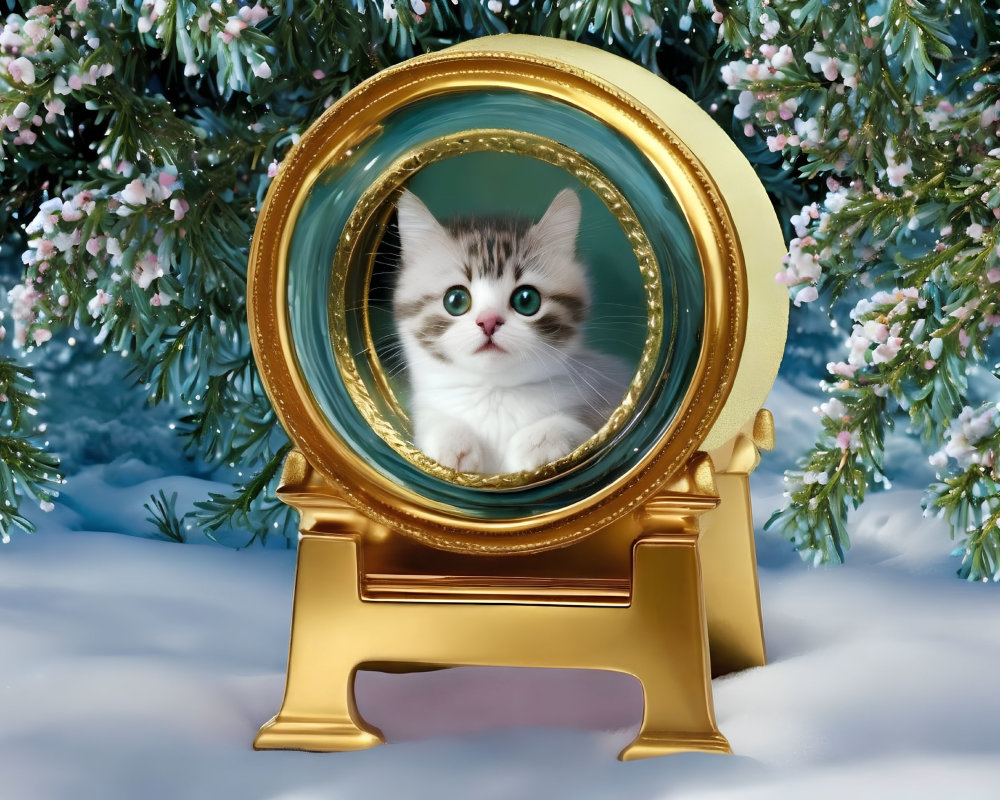 White and Gray Kitten in Golden Frame on Snow-Covered Pine Branch