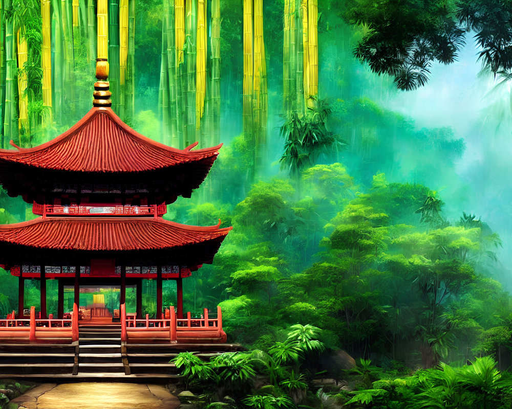 Red Pagoda Surrounded by Bamboo and Forest Mist