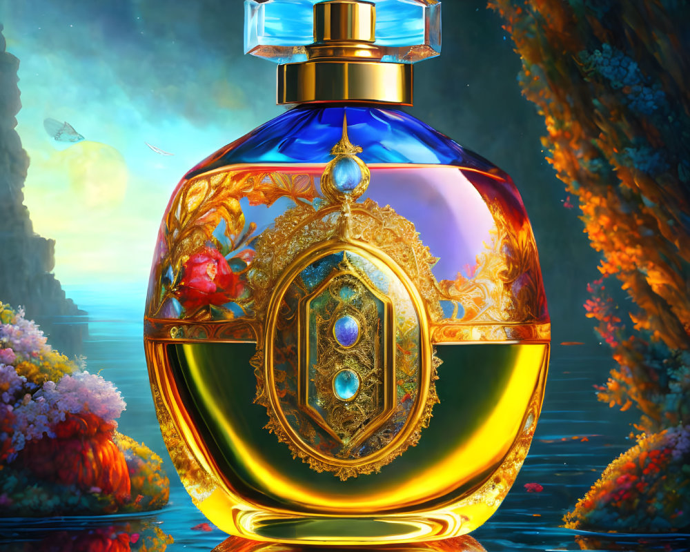 Intricate Gold and Jewel Perfume Bottle on Colorful Landscape