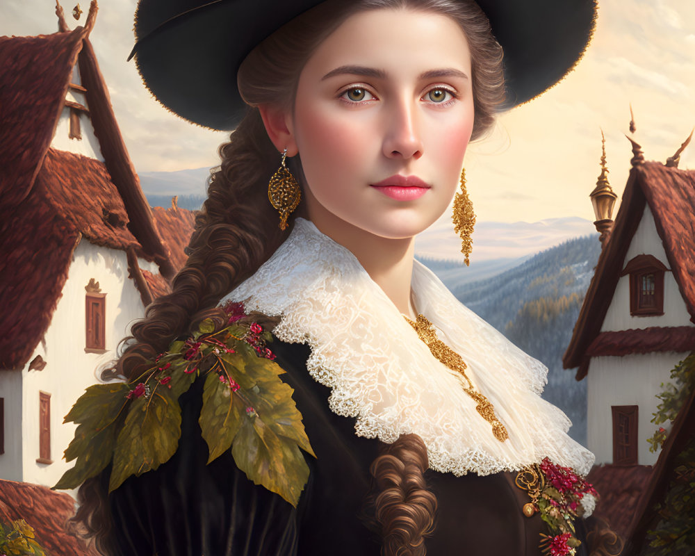 Portrait of woman with braided hair, traditional hat, lace collar, and alpine backdrop