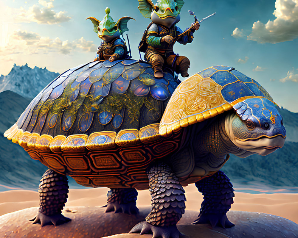 Animated warrior characters riding oversized turtle through rocky desert landscape