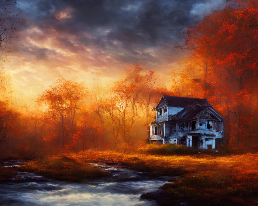 Weathered two-story house in fall foliage with stream and sunset sky