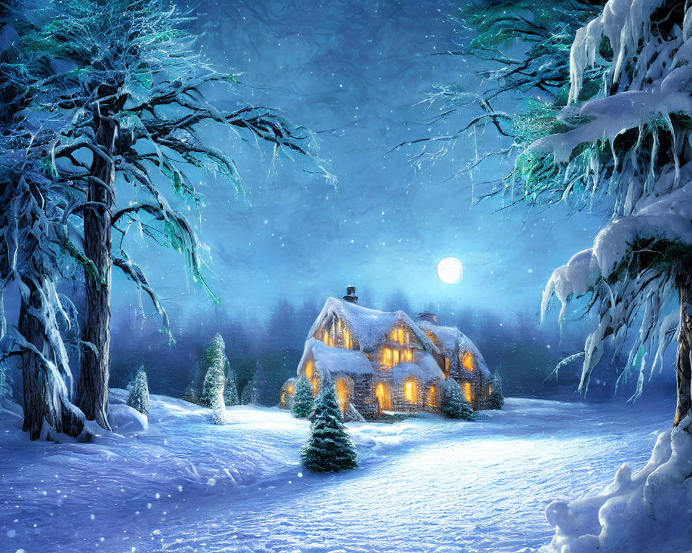 Snowy landscape with cozy cottage and full moon