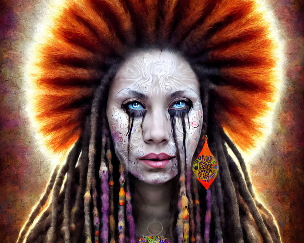 Person with blue eyes, tribal face paint, colorful dreadlocks, and feathered headdress