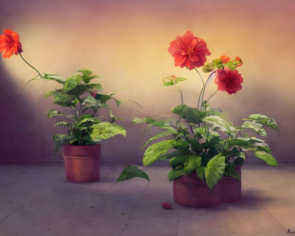 Vibrant red hibiscus plants in terracotta pots on warm, textured backdrop