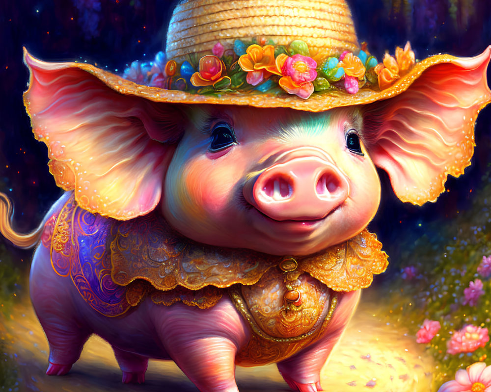 Smiling pig in fancy attire in enchanted forest scene