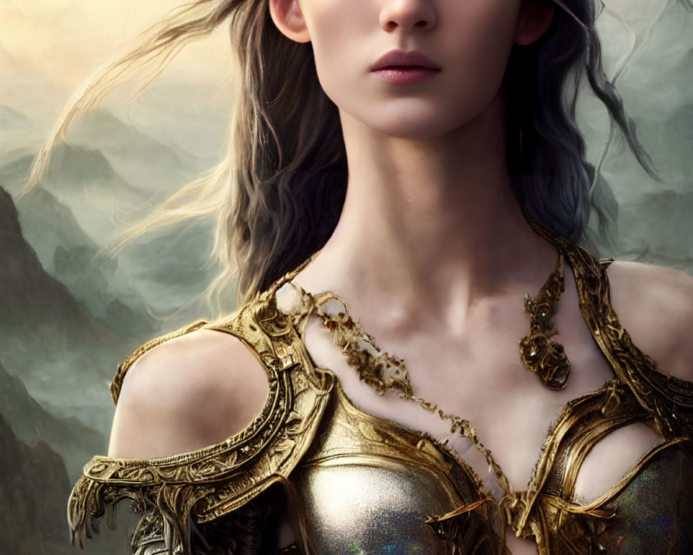 Regal woman in golden armor with horned headdress before mountainous backdrop