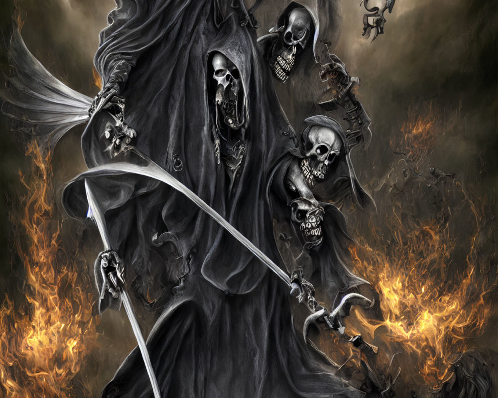 Dark Reaper with Scythe and Skulls in Flames