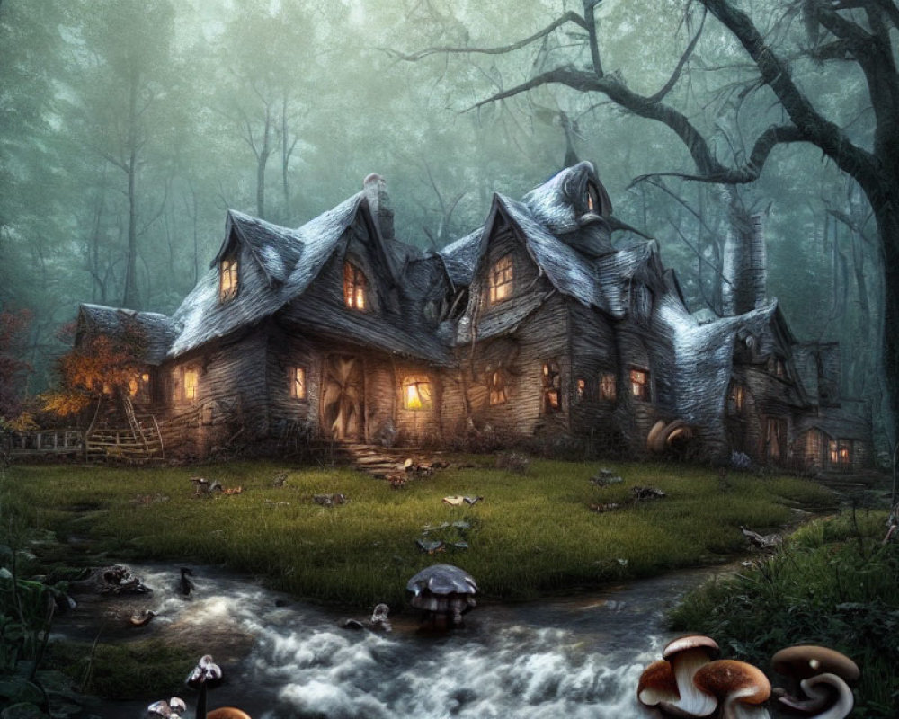 Enchanting multi-peaked cottage in misty forest with stream