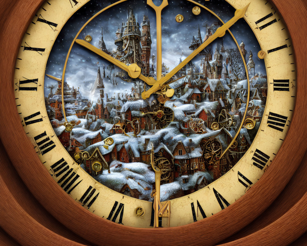 Snowy Medieval Town Scene Clock Face with Castle and Gold Hands