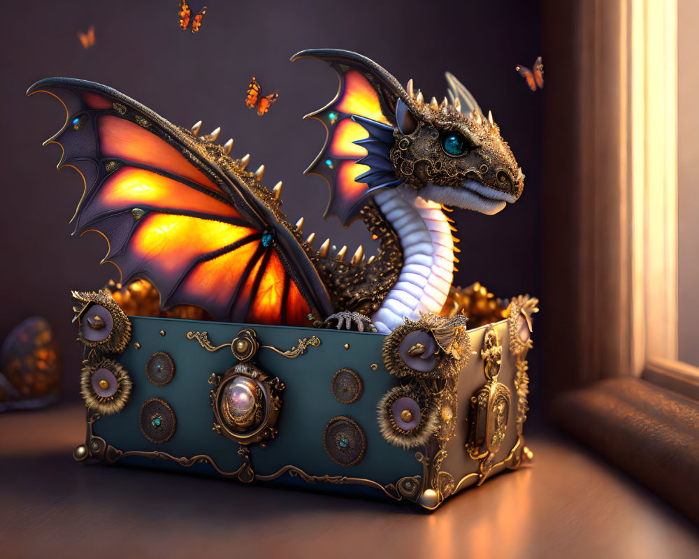 Vibrant dragon artwork perched on treasure chest with fiery dragons.