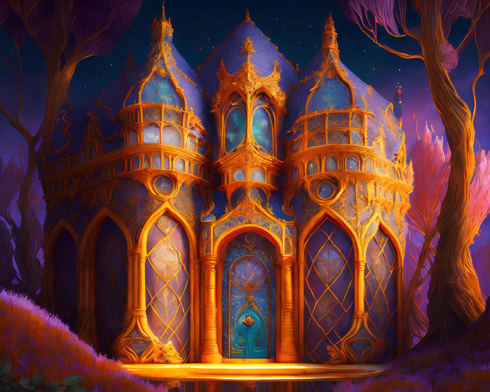 Fantastical golden castle in magical forest with violet and pink foliage