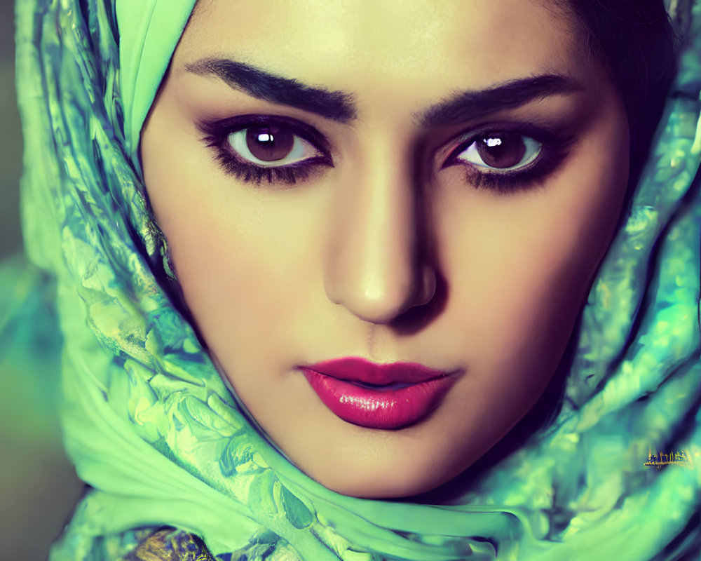 Dark-eyed woman in green headscarf with striking makeup gazes into distance