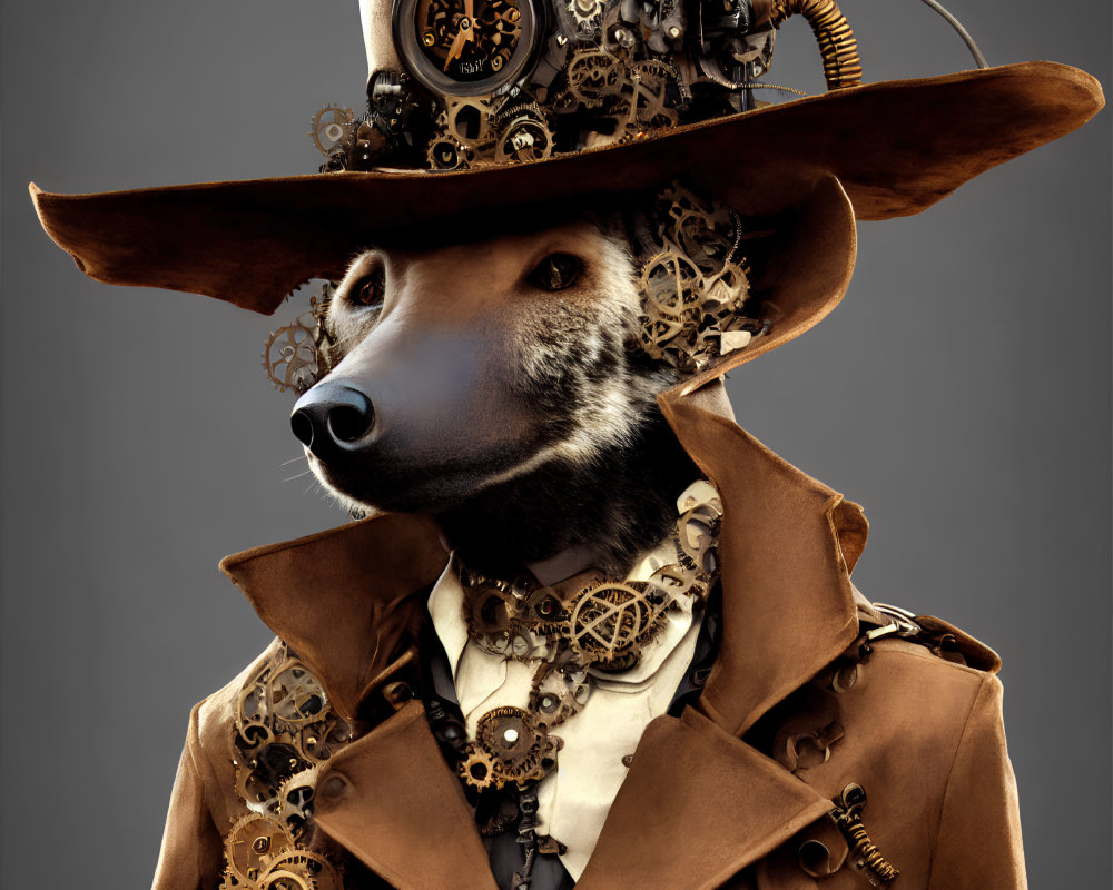 Steampunk-themed dog character with gear embellishments and top hat in brown trench coat