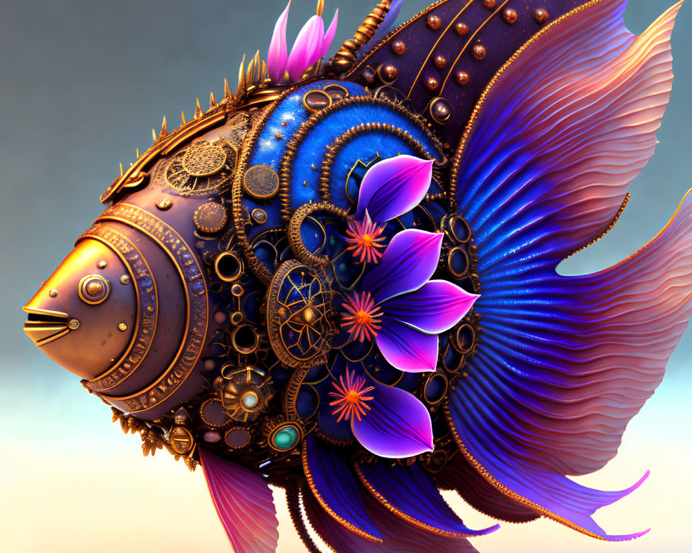 Colorful Steampunk Fish with Gears and Floral Accents