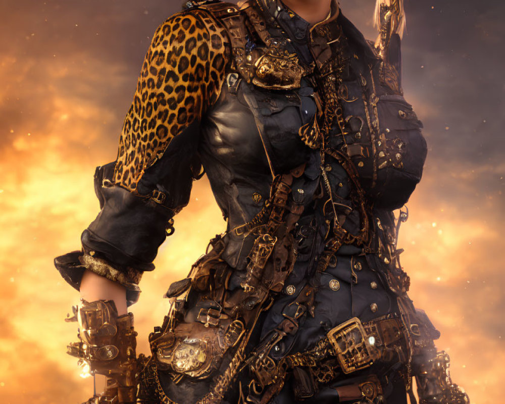 Steampunk-themed person in leopard print hat against fiery sky.