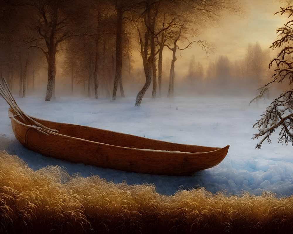 Winter Scene: Wooden Canoe in Snow-covered Landscape