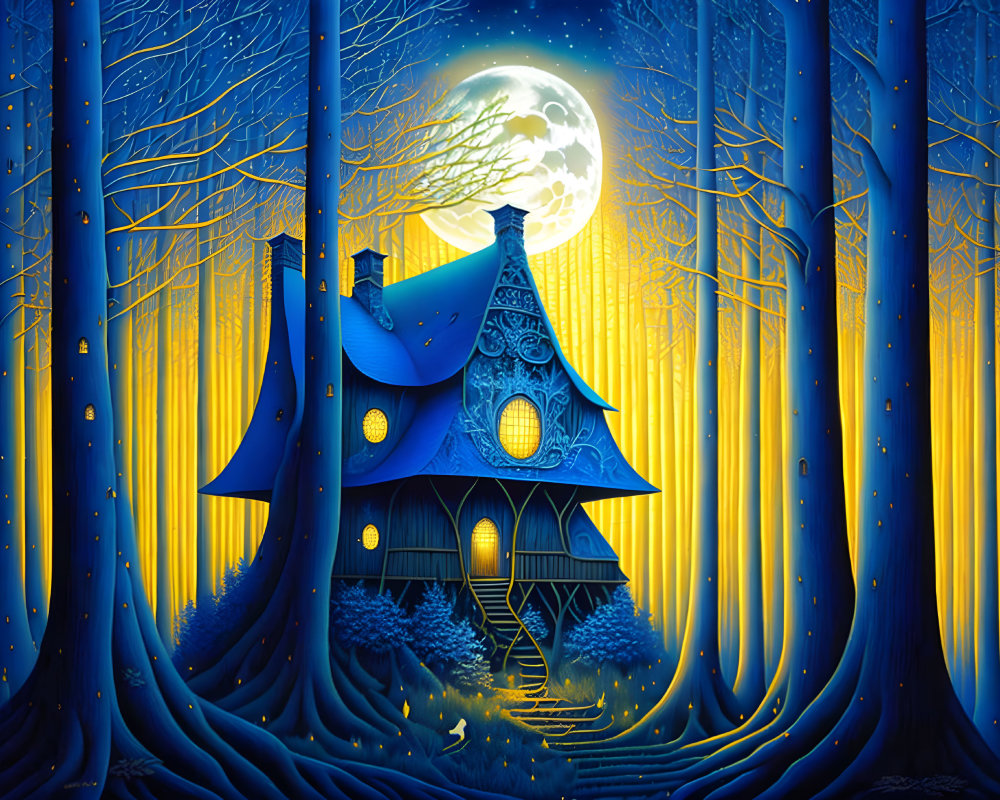 Enchanting blue house in mystical forest under full moon