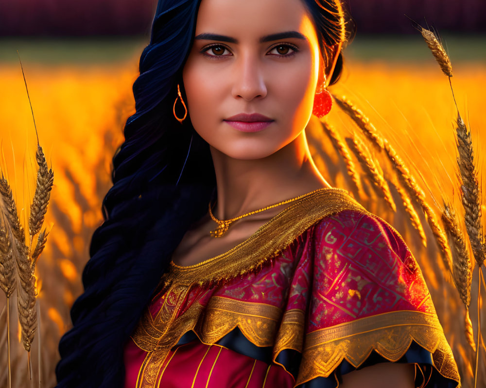 Blue-Haired Woman in Traditional Outfit in Wheat Field at Sunset