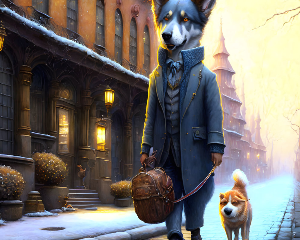 Anthropomorphic dog walking another dog on snowy street at sunrise