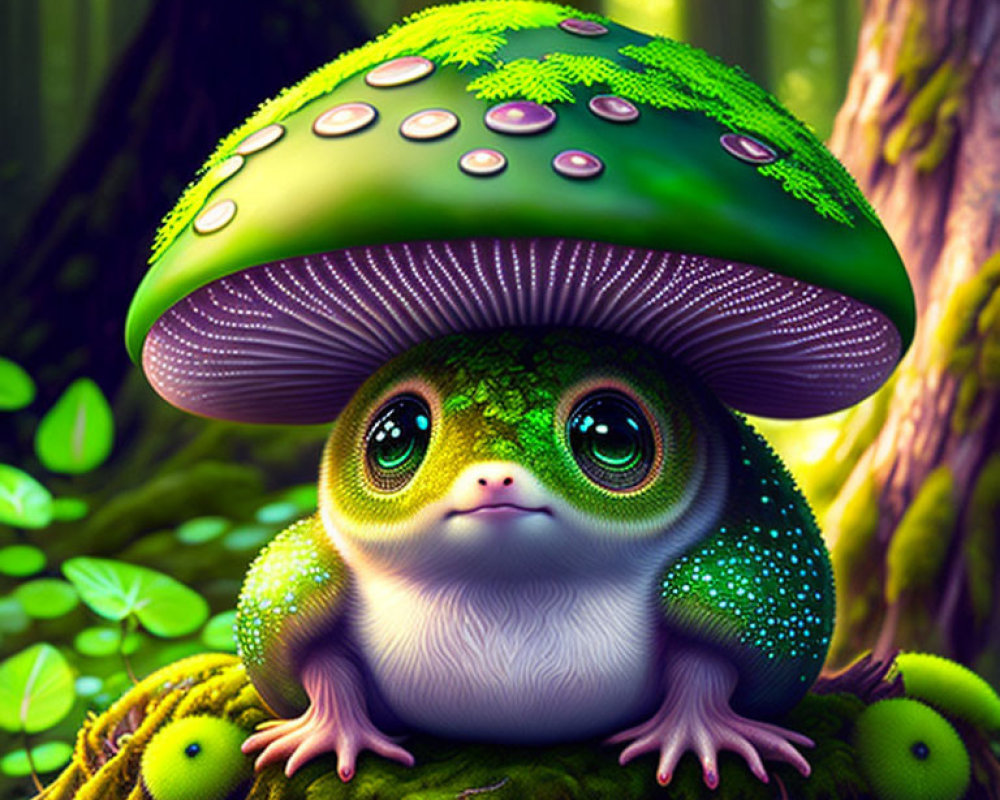 Illustration of whimsical creature with mushroom cap head in vibrant forest