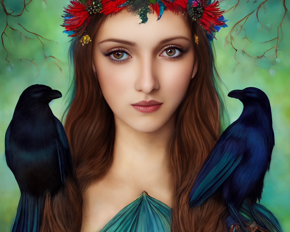 Woman with Floral Wreath, Ravens, and Mystical Green Background