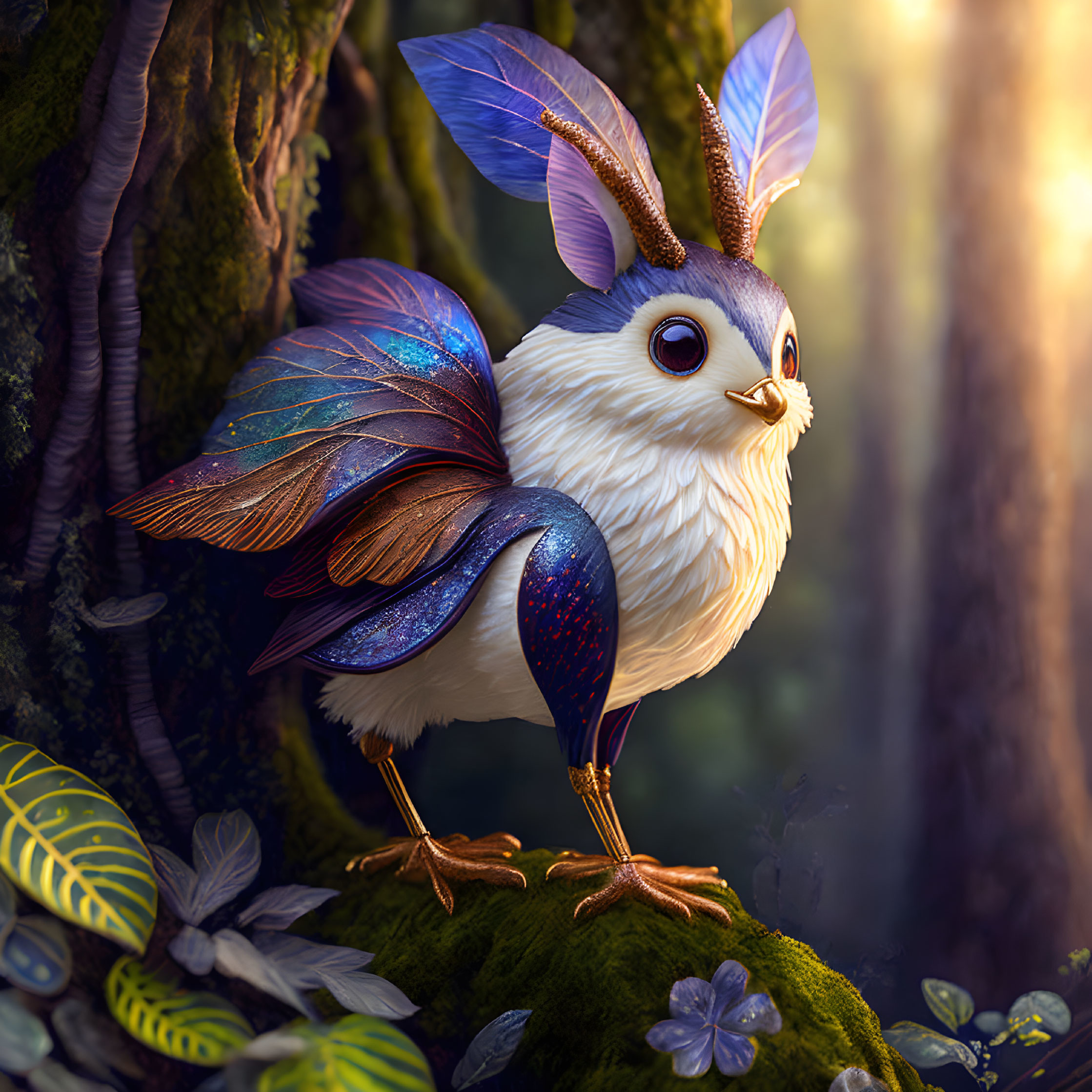 Bird-like creature with butterfly wings on tree branch in magical forest