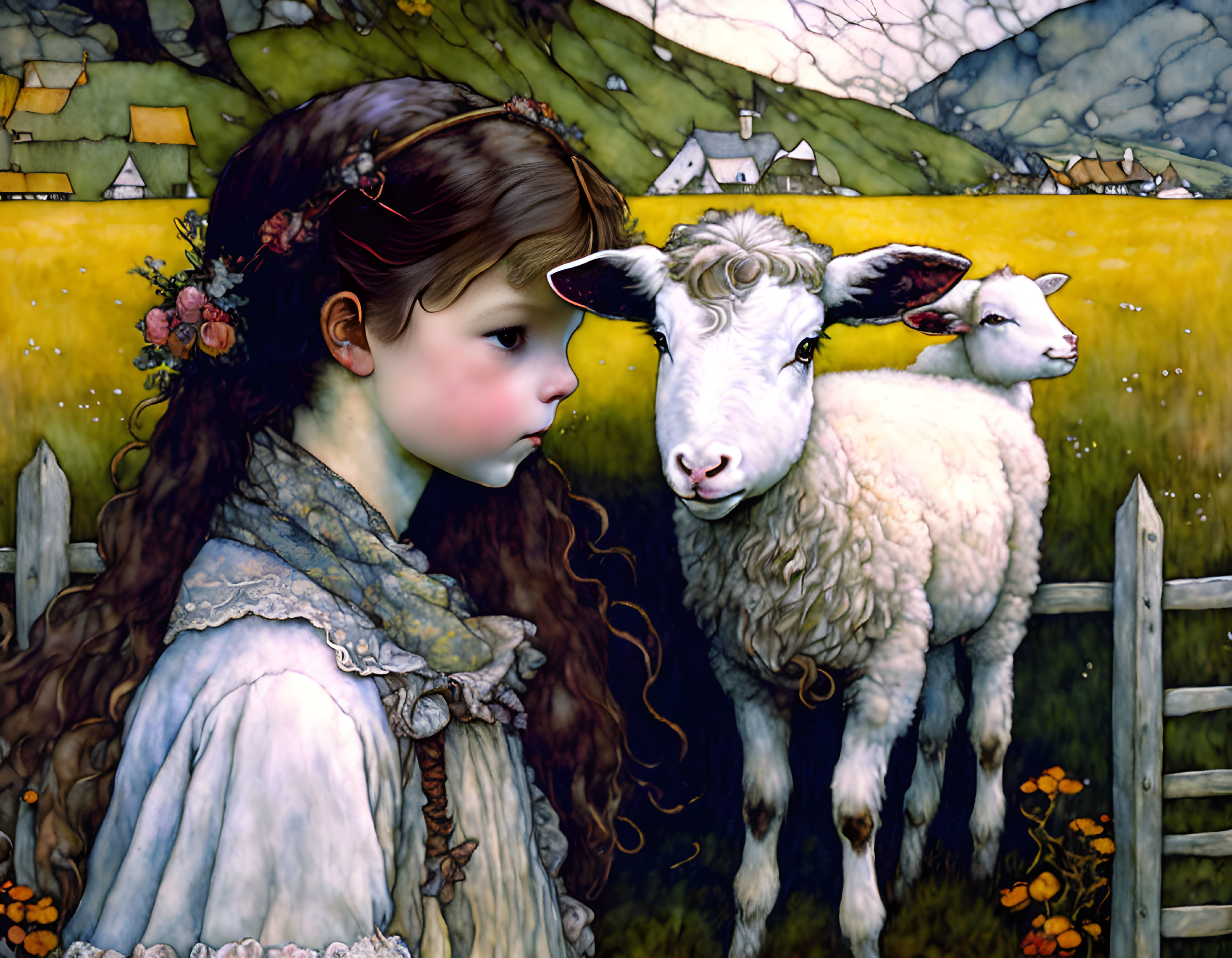 Young girl with floral headpiece and sheep in pastoral landscape.