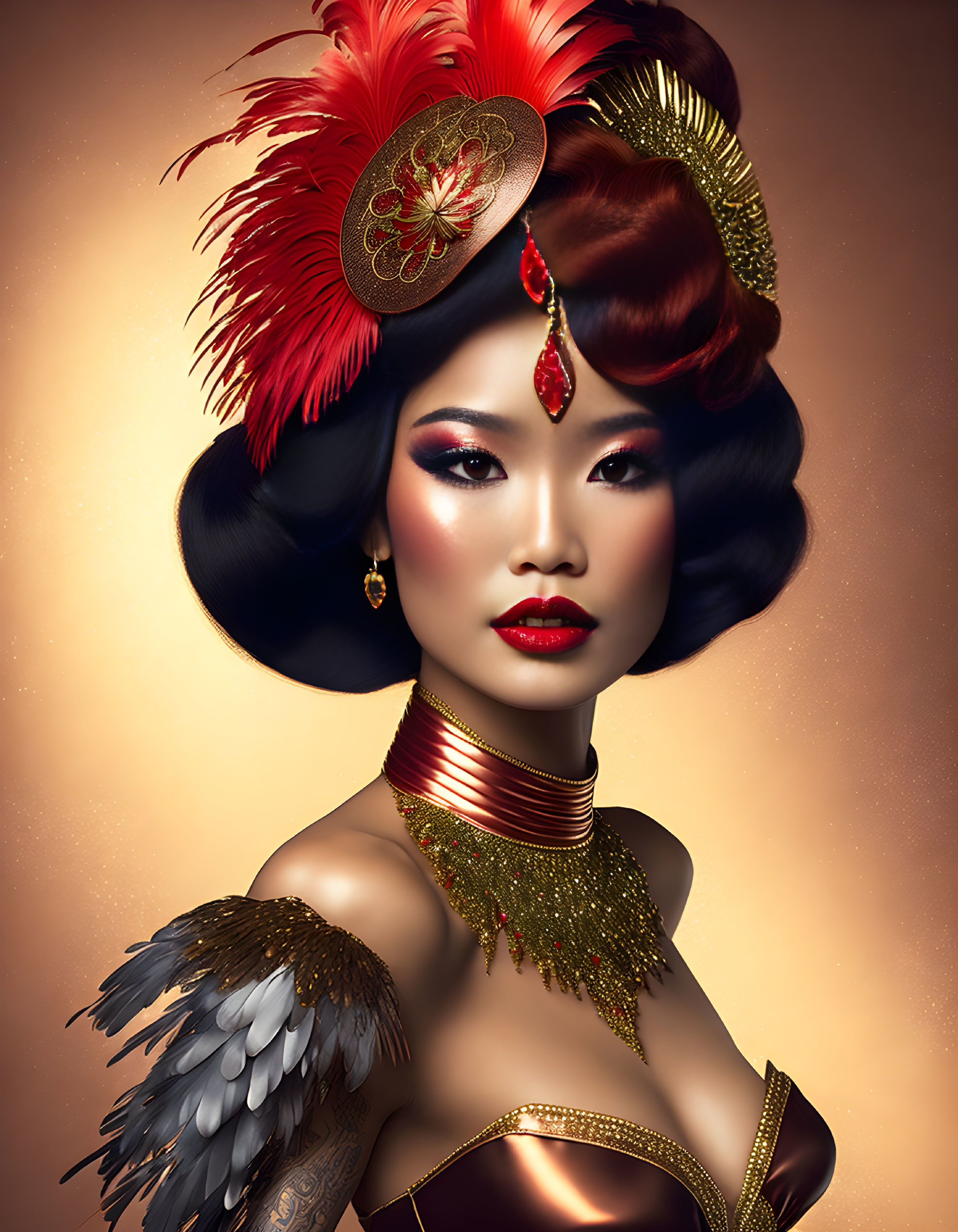 Regal woman with feathered headdress and ornate jewelry